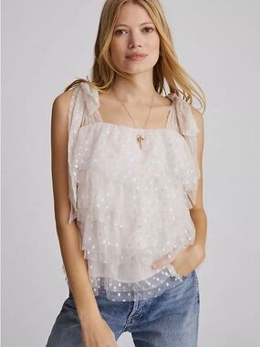 Maeve Anthropologie Sheer Polka Dot Ruffle Top S Ivory Romantic Whimsical NWT